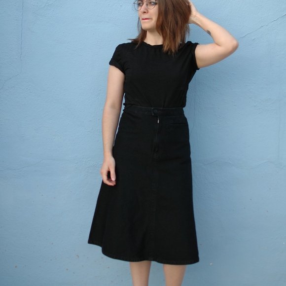 Knee-Length Black Denim Skirt - Picture 1 of 5